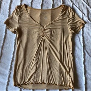 American Eagle Striped Yellow White Vneck Soft Tee